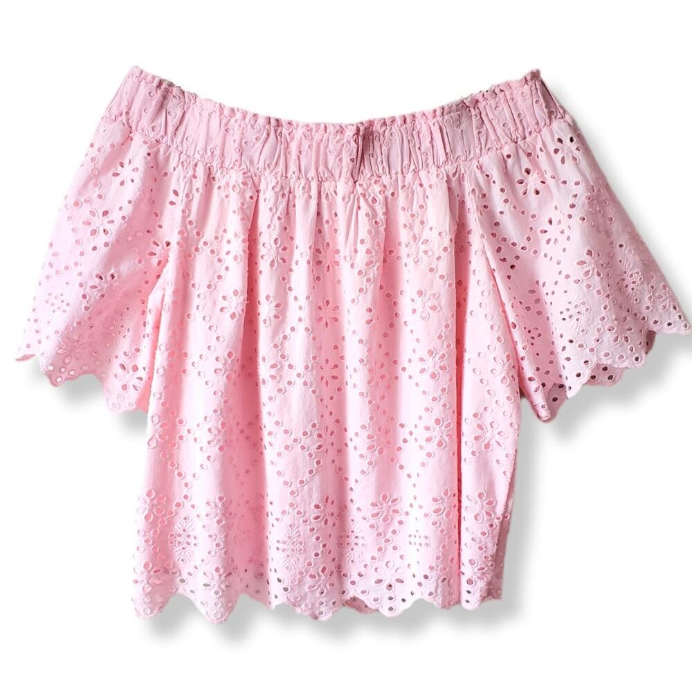 Women Crown Ivy Pink Eyelet Off Shoulder Top XXL Feminine Romantic Preppy Flaw